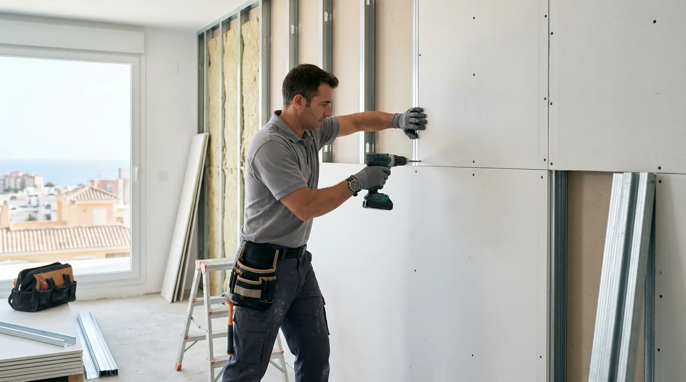Instalador profesional montando placas de yeso laminado sobre estructura metálica en una reforma interior